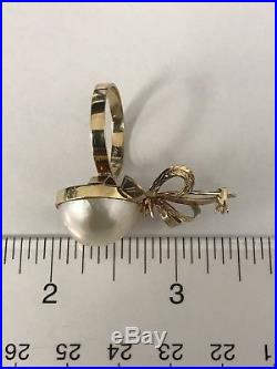 14k Yellow Gold Vintage Estate Mabe Pearl & Diamond Omega Back Earrings Ring Set
