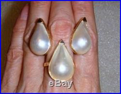14k Yellow Gold Vintage Tear Drop Mabe Pearl Ring And Earrings Set Lb0994