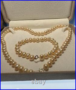 14k gold bead and freshwater pearl necklace and bracelet set 18 & 7.5