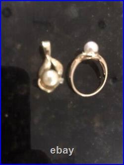 14k gold diamond And Pearl Pendant And Ring Set