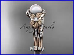 14k rose gold diamond pearl vine and leaf engagement set AP91S