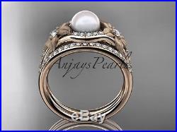14k rose gold diamond pearl vine and leaf engagement set AP91S