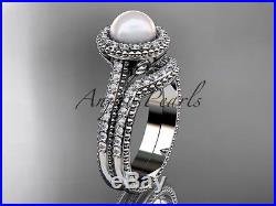 14k white gold diamond pearl engagement set AP101S