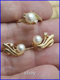 14k yellow gold Natural Pearl & Diamond Ring Earring Set Designer Signed LEVBRO 14k yellow gold Natural Pearl & Diamond Ring Earring Set Designer Signed LEVBRO