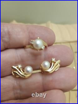 14k yellow gold Natural Pearl & Diamond Ring Earring Set Designer Signed LEVBRO 14k yellow gold Natural Pearl & Diamond Ring Earring Set Designer Signed LEVBRO