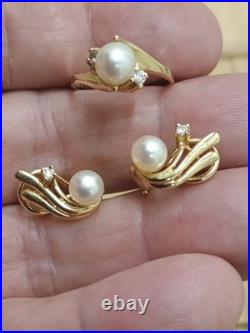 14k yellow gold Natural Pearl & Diamond Ring Earring Set Designer Signed LEVBRO 14k yellow gold Natural Pearl & Diamond Ring Earring Set Designer Signed LEVBRO