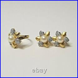14k yellow gold diamond & pearl post with clip earrings and cocktail ring set