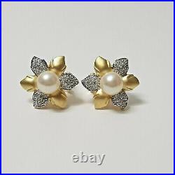 14k yellow gold diamond & pearl post with clip earrings and cocktail ring set
