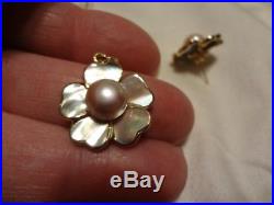 14k yellow gold light pink pearl shell pedals flower earring pendant set