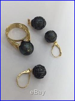 14kSolid Yellow Gold Set Earrings Ring Pendant Natural Tahitian Pearl13.01GM