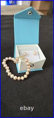 14kt Gold 7mm Rose Pearl Jewelry Set Bracelet Earrings