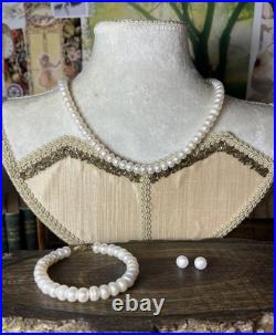 14kt Gold Freshwater Cultured Pearls Bracelet Earrings & Necklace Set V494