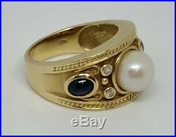 14kt Yellow Gold Estate Bezel Set Sapphire Pearl And Diamond Wide Band Ring Sz6