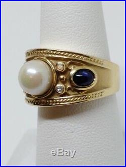 14kt Yellow Gold Estate Bezel Set Sapphire Pearl And Diamond Wide Band Ring Sz6