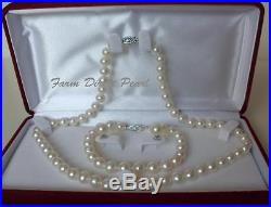 16 Inch AAAA+ 8-9mm White Pearl Necklace Bracelet Earrings Set 14k W Gold Clasp
