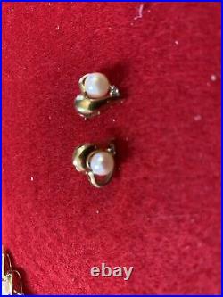 16 pearl necklace, 14k gold cluster with pearls & diamond Chips 10k Pierced Ear