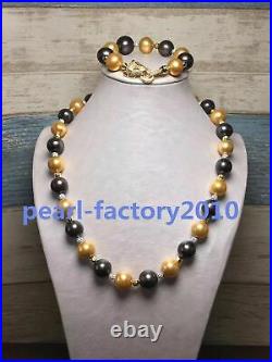 18 10-11mm south sea round gold black pearl necklace BRACELET set Christmas