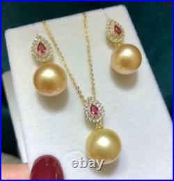 18 AAA+ 10-11mm natural Gold South Sea Round pearl necklace Earring set S925