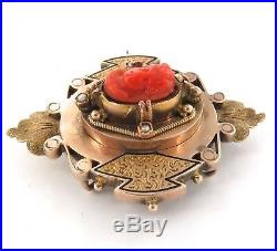 1800s 14K GOLD, RED CORAL & SEED PEARL UNUSUAL HEAVY SET CAMEO BROOCH. 11 GRAMS