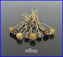 1800s Natural Seed Pearls Onyx & Crystal Decorated 14K Gold Set of 8 Hair Pins