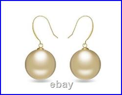 18K Gold 12-13 South Sea Golden Pearl Dangle Earrings and Necklace Chain Set