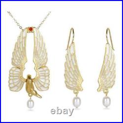 18K Gold Plated Swan Angel Wings 8mm Cultured Pearl Pendant Necklace Earring Set