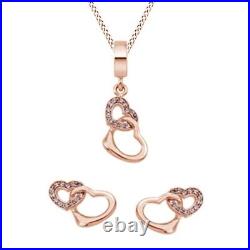 18K Rose Gold Plated Silver Crystal Double Heart Bead Pendant & Stud Earrings
