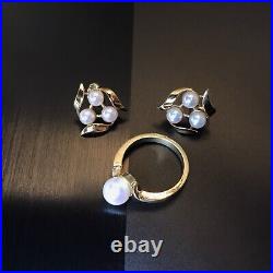 18K Solid Amazonian Gold And Pearl Jewelry Set Ring Earrings
