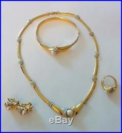 18K Solid Gold Pearl and Diamond Jewelry Set, 56 Grams Total Weight