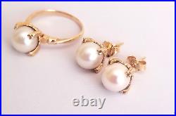 18K Solid Yellow Gold Pearl Ring & Earrings Set