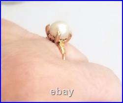 18K Solid Yellow Gold Pearl Ring & Earrings Set
