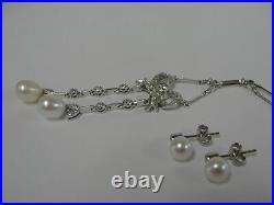 18K White Gold Fancy Diamonds and Pearl Bow Tassel Necklace and Earring Set 20