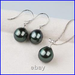 18K White Gold Set Flawless Teardrop Green Tahitian Pearl Earrings and Pendant
