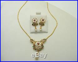 18K Yellow Gold Emerald, Ruby, and Pearl Neklace and Earrings Set