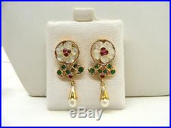 18K Yellow Gold Emerald, Ruby, and Pearl Neklace and Earrings Set