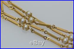 18K Yellow Gold Square Rod and Pearl Set Linked Necklace 22 Long