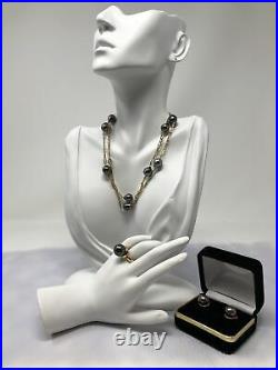 18K Yellow Gold Tahitian Pearl Jewelry Set (Necklace, Ring & Earrings)