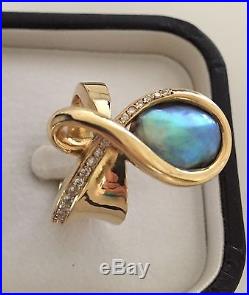18K gold Abalone pearl & diamond ring fabulous contemporary setting blue