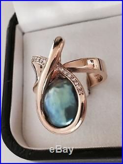18K gold Abalone pearl & diamond ring fabulous contemporary setting blue