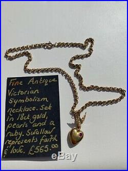 18ct GOLD VICTORIAN SYMBOLISM NECKLACE SET WITH PEARLS, A RUBY, HEART & SWALLOW