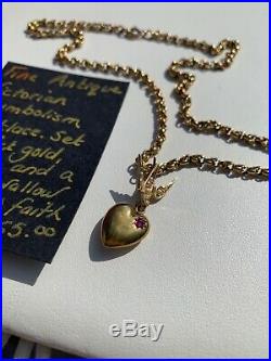 18ct GOLD VICTORIAN SYMBOLISM NECKLACE SET WITH PEARLS, A RUBY, HEART & SWALLOW