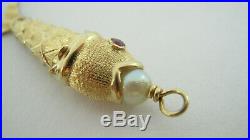 18ct Gold Articulated Fish Pendant or Charm set Rubies & Exquisite Pearl
