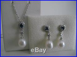 18ct White Gold Diamond Sapphire Pearl Drop Earrings With Same Pendant Gift Set