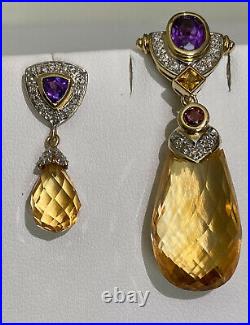 18k 14k Yellow gold Citrine Amethyst Tourmaline Diamond Pendant Earring Drop Set