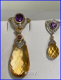 18k 14k Yellow gold Citrine Amethyst Tourmaline Diamond Pendant Earring Drop Set