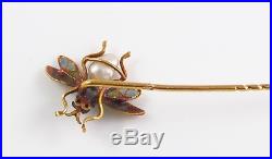 18k Gold Art Nouveau Plique A Jour Enamel Pearl & Gem Set Insect Fly Stick Pin
