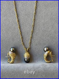 18k Gold Black Pearl Earrings With Matching Black Pearl Pendant With Diamonds