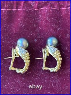 18k Gold Black Pearl Earrings With Matching Black Pearl Pendant With Diamonds