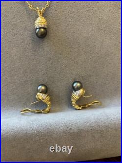 18k Gold Black Pearl Earrings With Matching Black Pearl Pendant With Diamonds