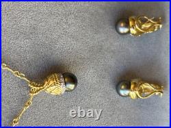 18k Gold Black Pearl Earrings With Matching Black Pearl Pendant With Diamonds